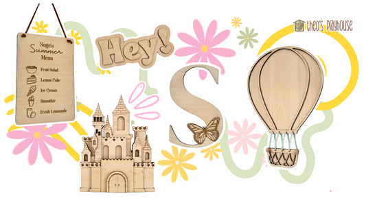 Wooden children’s decor, summer play kitchen sign, hey sign, Princess castle, butterfly letter, hot air balloon