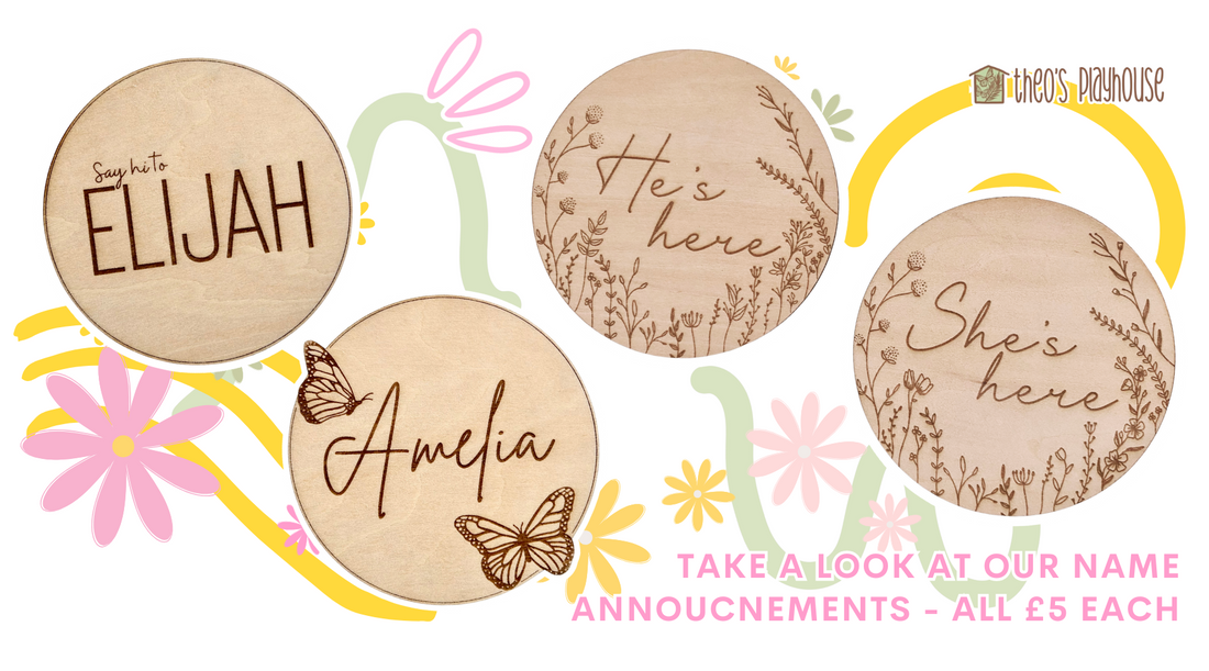 Four Wooden birth announcements in the shape of a circle with two butterflies and personalised with the baby’s name or chosen text, 2 with botanical and floral designs, and another with ‘Say hi to’ (Name) for a newborn baby’s birth or pregnancy