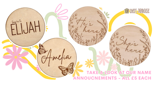 Four Wooden birth announcements in the shape of a circle with two butterflies and personalised with the baby’s name or chosen text, 2 with botanical and floral designs, and another with ‘Say hi to’ (Name) for a newborn baby’s birth or pregnancy