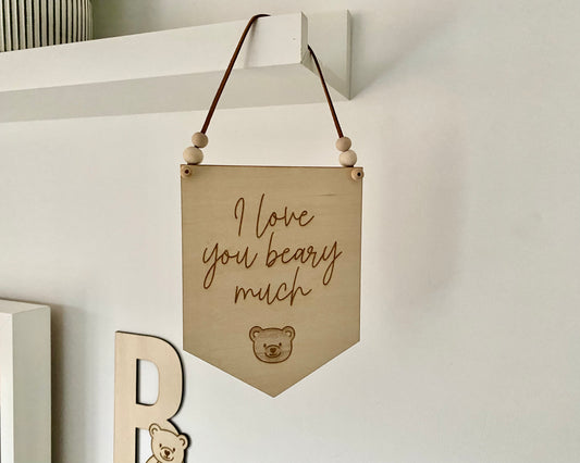 Wooden I Love You Bear Pennant Flag - 2 FOR £10